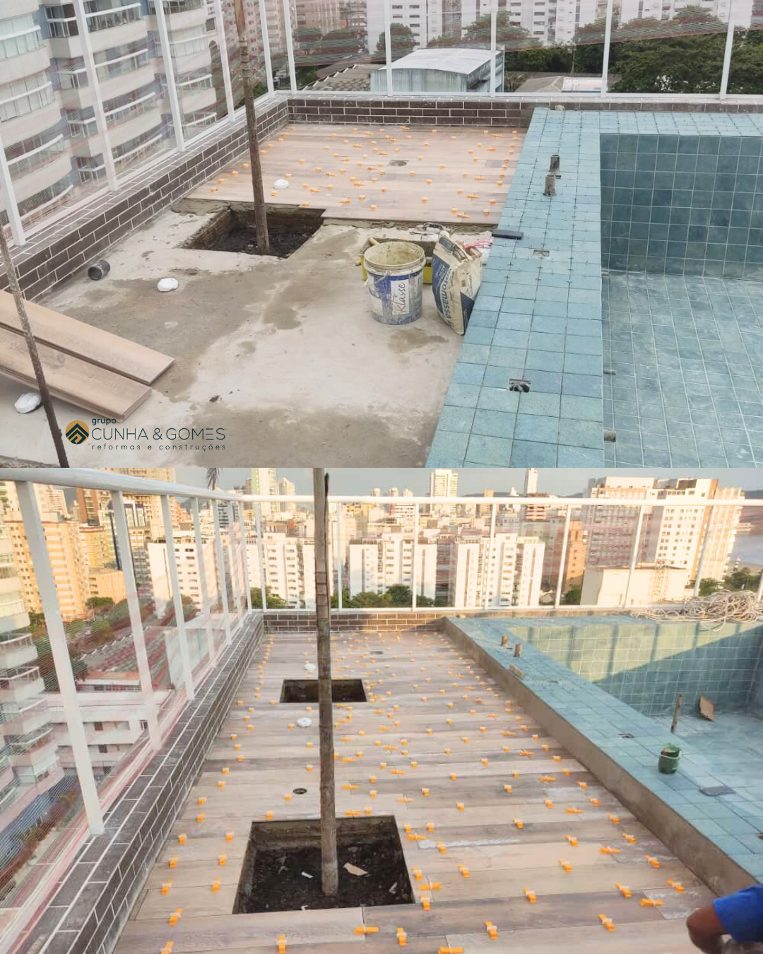 Assentamento de piso, revestimento no terraço (lobby) e na área da piscina